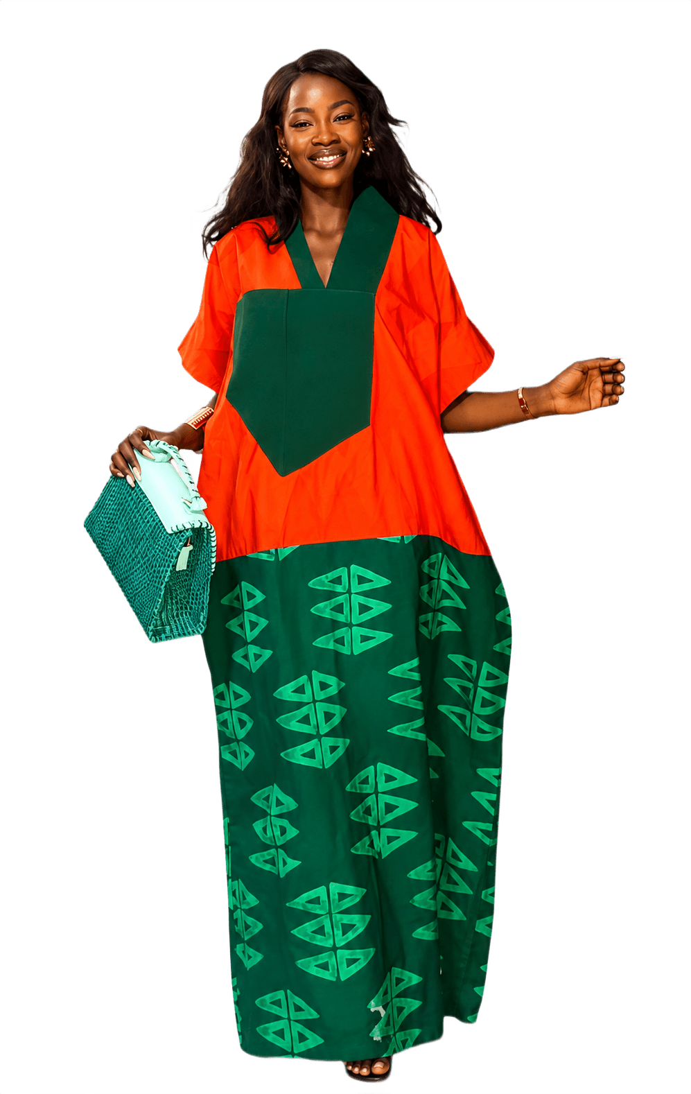 Orange and green Adire bubu with a woven rattan bag