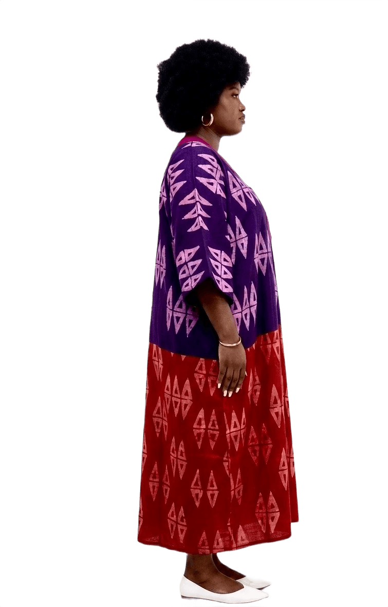 Purple and red Adire bubu, worn in profile